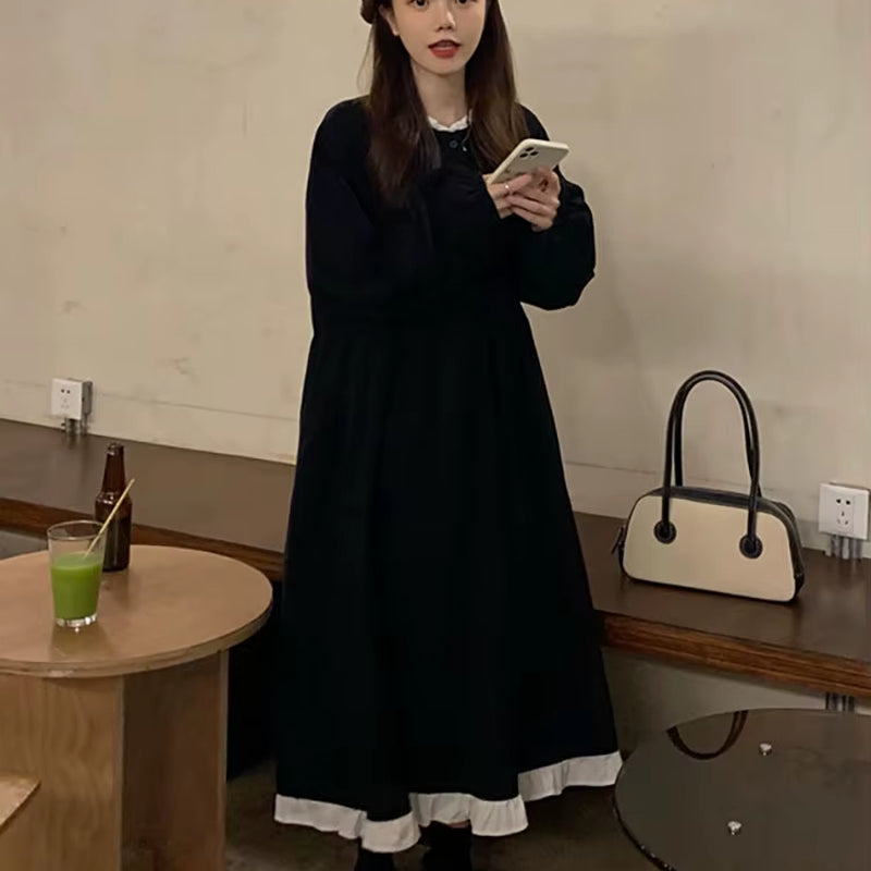 Autumn New Korean Style Dress Women Ruffles Patchwork O Neck Long Sleeve Dresses Slim Waist Elegant Vestidos Mujer