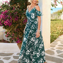 Vivid Eden Summer Woman Floral Print Cold Shoulder Wrap Hem Belted Dress,Vacation Style
