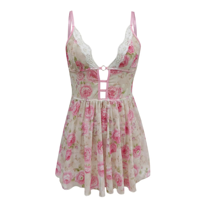 Women'S Floral Print Nightdress Sexy Mesh Slim Fit Backless Night Dress Spicy Girl Sexy Lingerie for Women 2024 Valentine'S Day