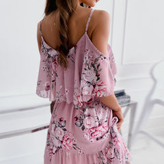 Flower Printed Ruffled Suspender Dress Summer Off-The-Shoulder Strap Dresses Women