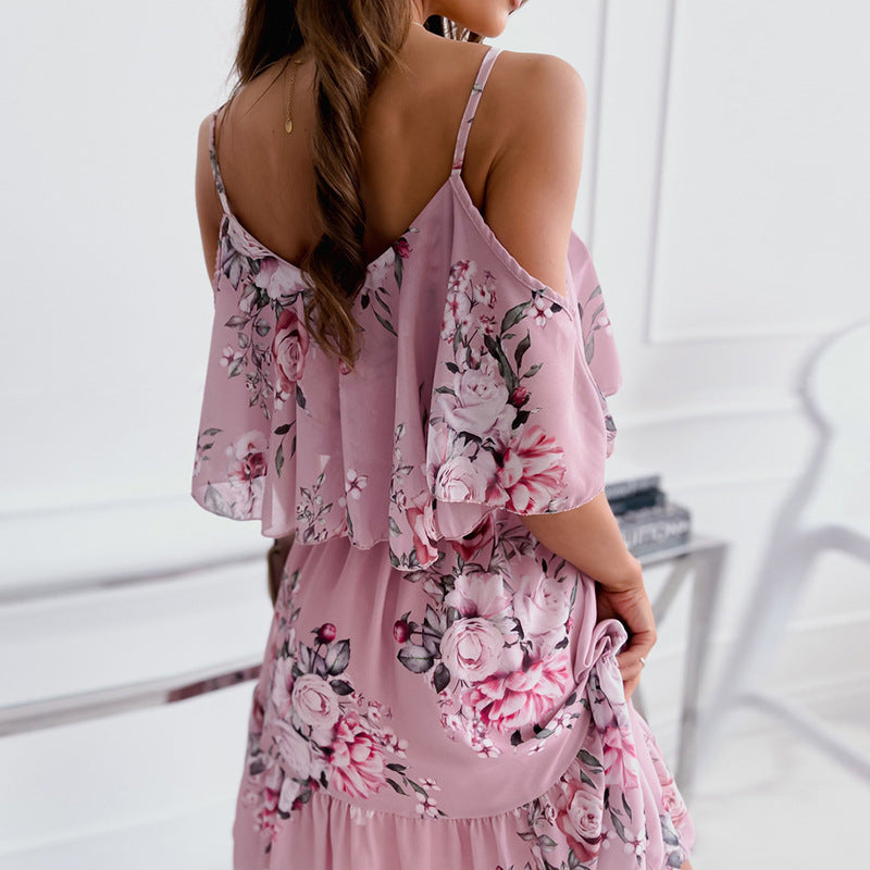 Flower Printed Ruffled Suspender Dress Summer Off-The-Shoulder Strap Dresses Women