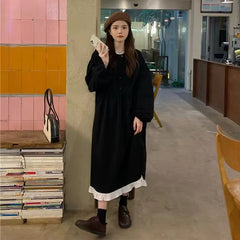 Autumn New Korean Style Dress Women Ruffles Patchwork O Neck Long Sleeve Dresses Slim Waist Elegant Vestidos Mujer