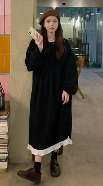 Autumn New Korean Style Dress Women Ruffles Patchwork O Neck Long Sleeve Dresses Slim Waist Elegant Vestidos Mujer