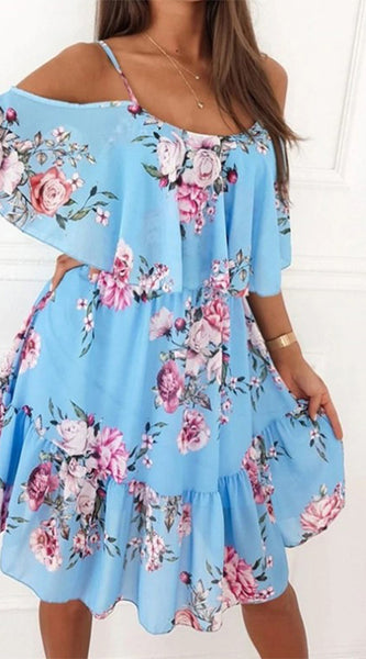 Flower Printed Ruffled Suspender Dress Summer Off-The-Shoulder Strap Dresses Women
