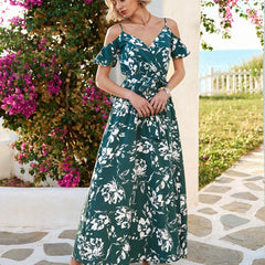 Vivid Eden Summer Woman Floral Print Cold Shoulder Wrap Hem Belted Dress,Vacation Style