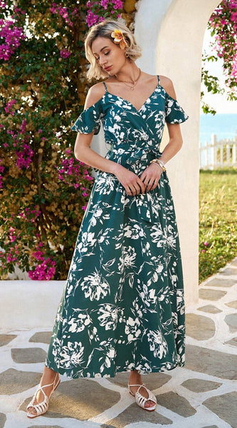 Vivid Eden Summer Woman Floral Print Cold Shoulder Wrap Hem Belted Dress,Vacation Style