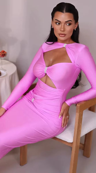 Sexy Hollow Out Long Sleeved Elastic Tight Dress Women Pleats Double Layered Female Vestidos Elegant Party Evening Dress