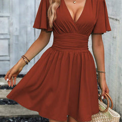 LUNE Plunging Neck Butterfly Sleeve Ruched Waist Dress