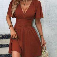 LUNE Plunging Neck Butterfly Sleeve Ruched Waist Dress