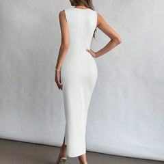 Firerie Women Square Neckline Ruched Waist Slit Dress, Elegant & Suitable for Vacation, Daily Wear or Wedding Season,Summer Dresses for Women,Tea Party Dress,White Graduation Dress