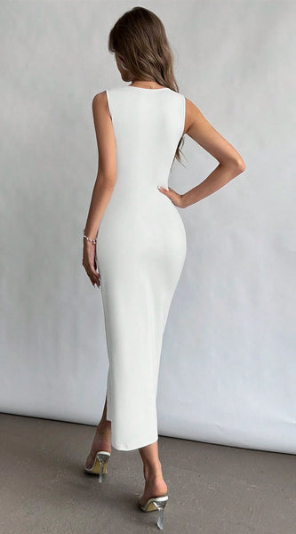 Firerie Women Square Neckline Ruched Waist Slit Dress, Elegant & Suitable for Vacation, Daily Wear or Wedding Season,Summer Dresses for Women,Tea Party Dress,White Graduation Dress