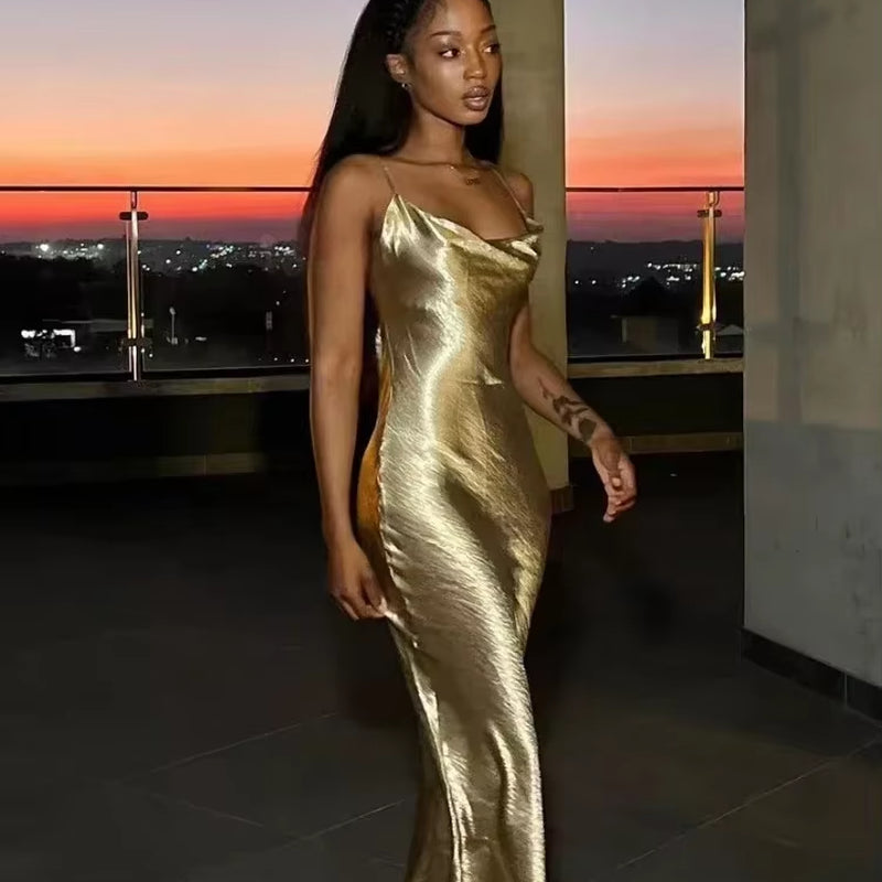 Elegant Satin Backless Maxi Dress for Women Gown Summer Spaghetti Strap Sleeveless Party Long Dress Vestido Robe Femmes