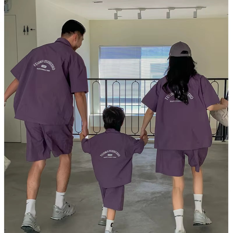 Korean Style and Daughter Son Same Shirts Shorts Outfit Fashion Family Summer Clothes2025Children'S Clothing Sets Father Mother