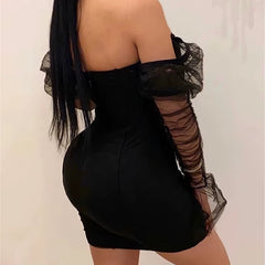 Sexy Mesh Puff Sleeve Party Dress Women Low Collar Backless Patchwork Red Mini Dress Nightclub 2020 Spring Vestidos