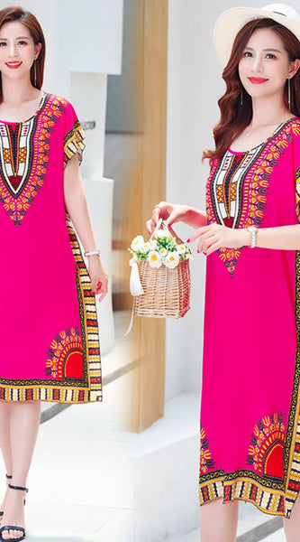 Women Summer Dress Bohemian Printed Street Wear Batwing Sleeve Loose Tunic