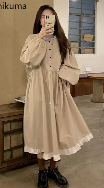 Autumn New Korean Style Dress Women Ruffles Patchwork O Neck Long Sleeve Dresses Slim Waist Elegant Vestidos Mujer