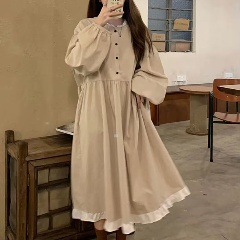 Autumn New Korean Style Dress Women Ruffles Patchwork O Neck Long Sleeve Dresses Slim Waist Elegant Vestidos Mujer