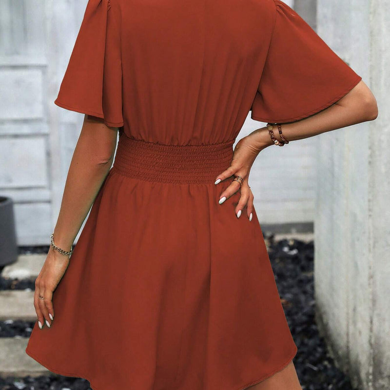 LUNE Plunging Neck Butterfly Sleeve Ruched Waist Dress