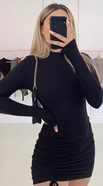 Long Sleeve Ruched Bodycon Dress Women Turtleneck Bandage Mini Dresses Autumn Black Skinny Stretchy Party Vestidos