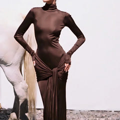 High Neck Long Sleeve Bodycon Dress for Women Tight Elastic Lace up Maxi Long Dress Autumn 2023 New Party Club Vestidos