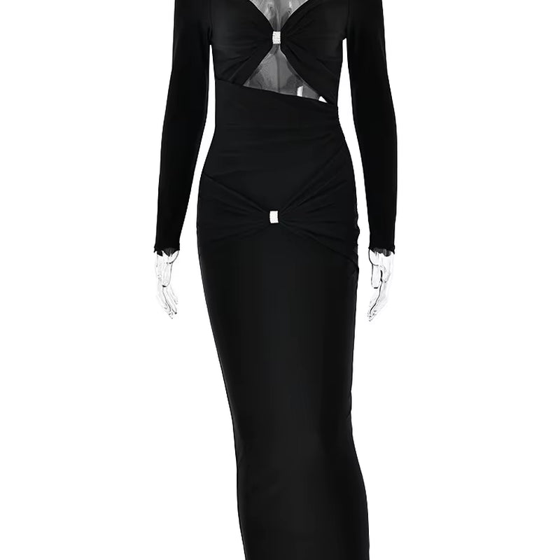 Sexy Hollow Out Long Sleeved Elastic Tight Dress Women Pleats Double Layered Female Vestidos Elegant Party Evening Dress