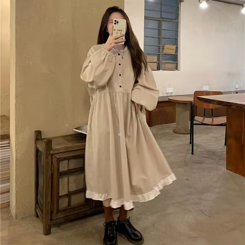Autumn New Korean Style Dress Women Ruffles Patchwork O Neck Long Sleeve Dresses Slim Waist Elegant Vestidos Mujer