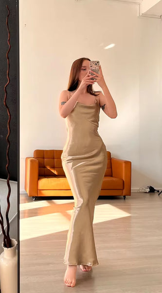 Elegant Satin Backless Maxi Dress for Women Gown Summer Spaghetti Strap Sleeveless Party Long Dress Vestido Robe Femmes