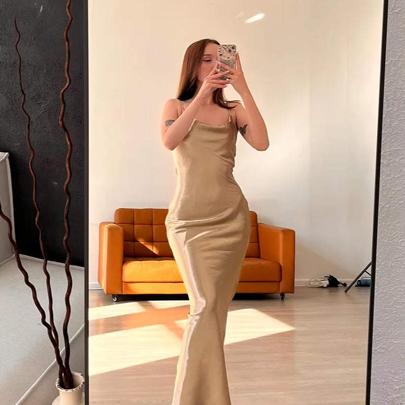 Elegant Satin Backless Maxi Dress for Women Gown Summer Spaghetti Strap Sleeveless Party Long Dress Vestido Robe Femmes