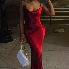 Elegant Satin Backless Maxi Dress for Women Gown Summer Spaghetti Strap Sleeveless Party Long Dress Vestido Robe Femmes