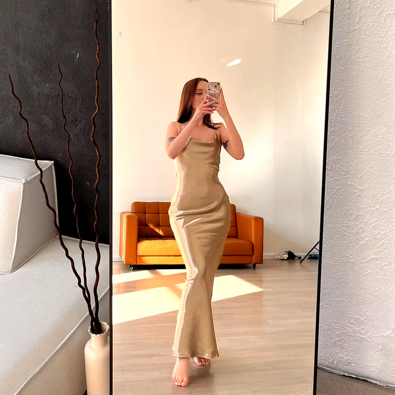 Elegant Satin Backless Maxi Dress for Women Gown Summer Spaghetti Strap Sleeveless Party Long Dress Vestido Robe Femmes
